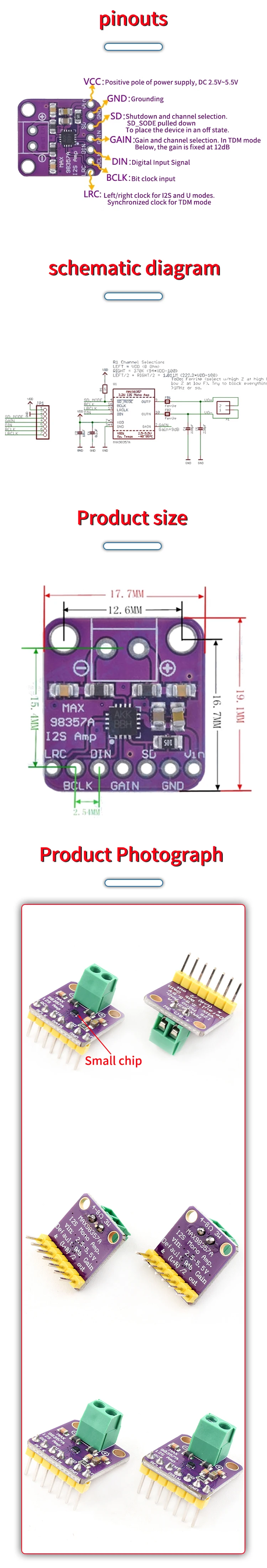 MAX98357 I2S 3W Class D Verstärker-Tap-Schnittstelle I2S DAC Audio-Decoder MAX98357-BGA kleiner Chip – Detail 2
