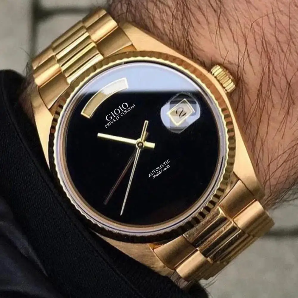 ساعة ميكانيكية أوتوماتيكية فاخرة للرجال من الفولاذ المقاوم للصدأ وتاريخ اليوم وذهبي وردي وفضي وزجاج الياقوت الأسود