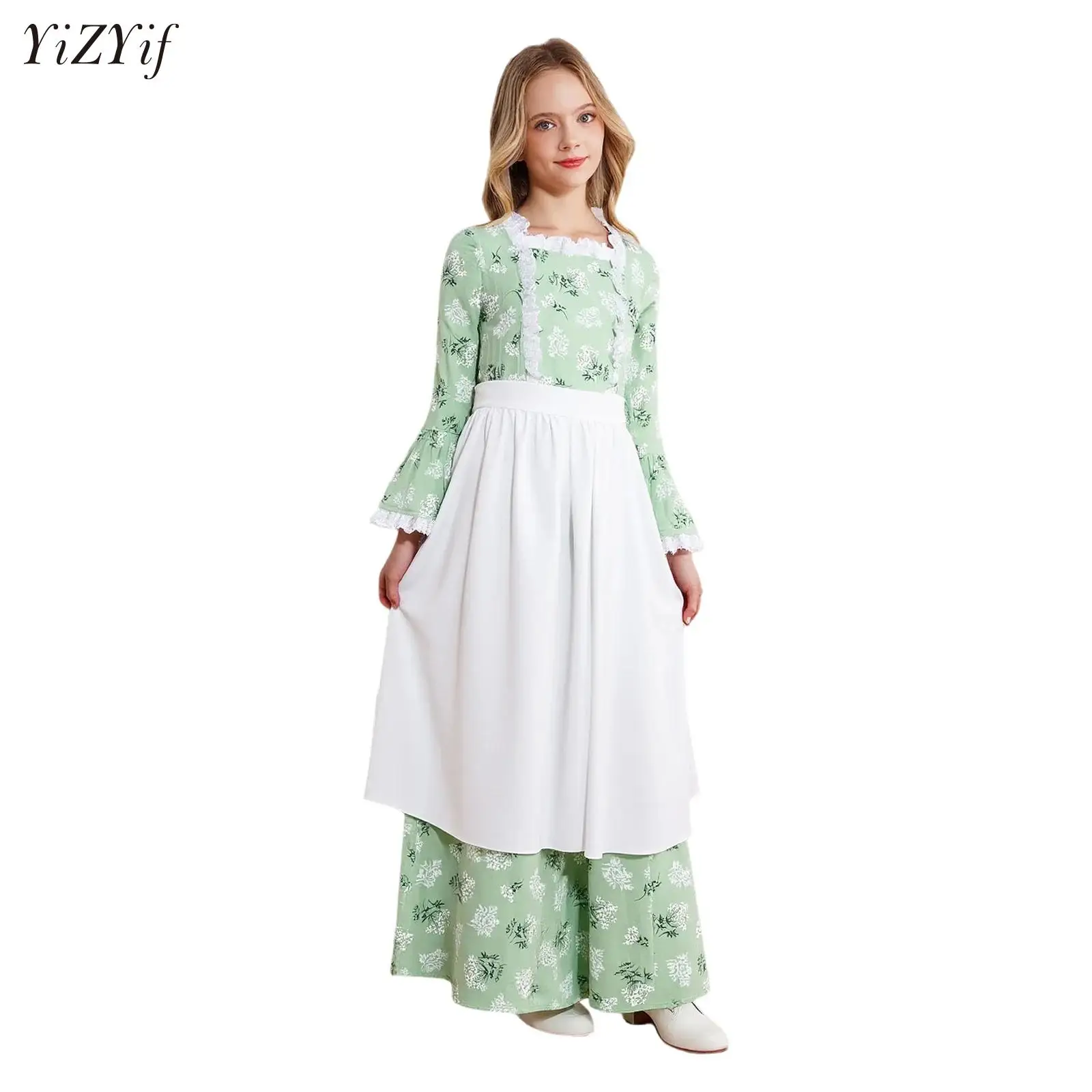 

3pcs/set Floral Colonial Farm Village Girl Costume Pioneer Prairie Dress Bonnet + Apron Children Clothes Kids Girls 4-16Y