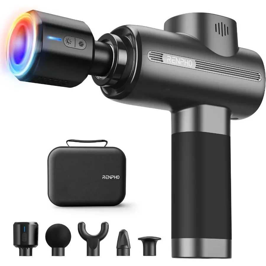 

Пистолет для глубокого массажа тканей с нагревом и холодной терапевтической головкой для активного восстановления Портативный перкуссионный массажер с футляром для переноски