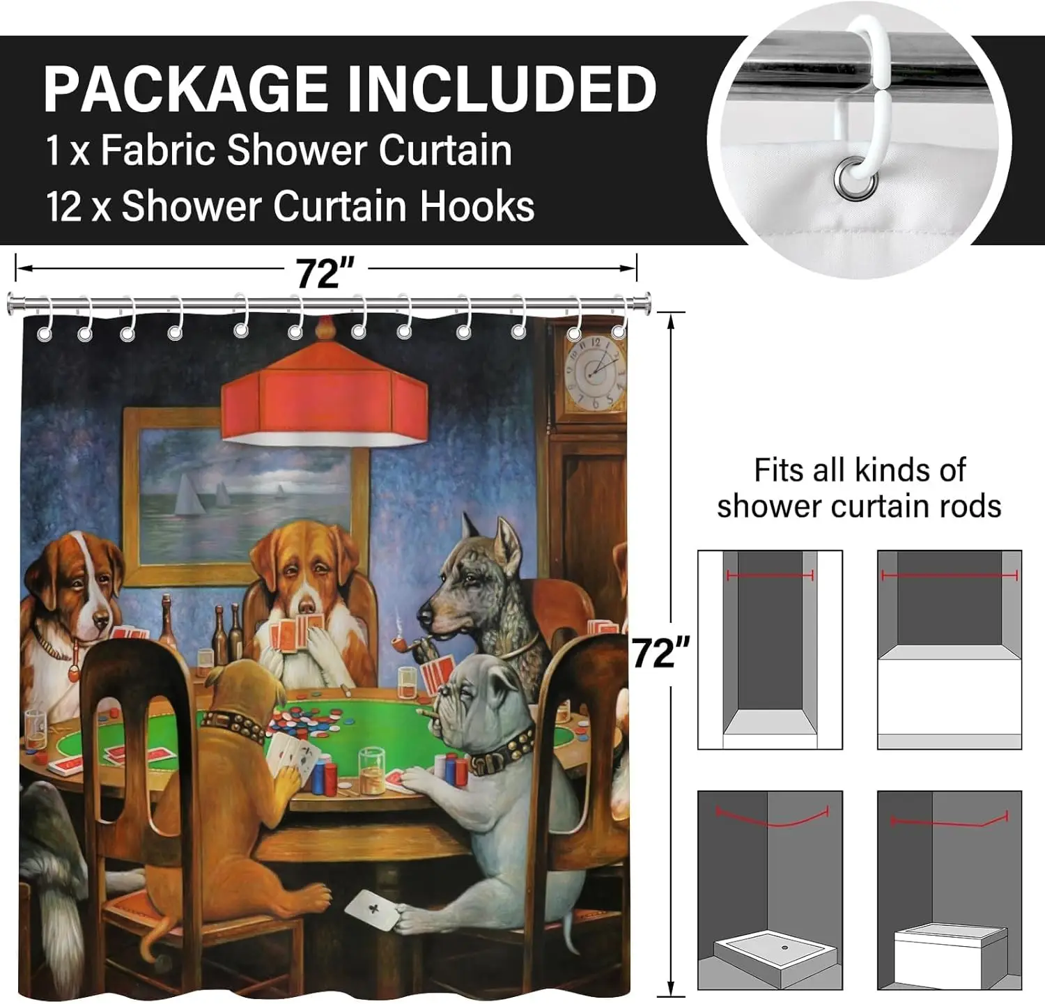 Funny Dogs Playing Poker Shower Curtain,Vintage Dog Art Waterproof Polyester Fabric Bath Curtain,Humorous Bathroom Decor for