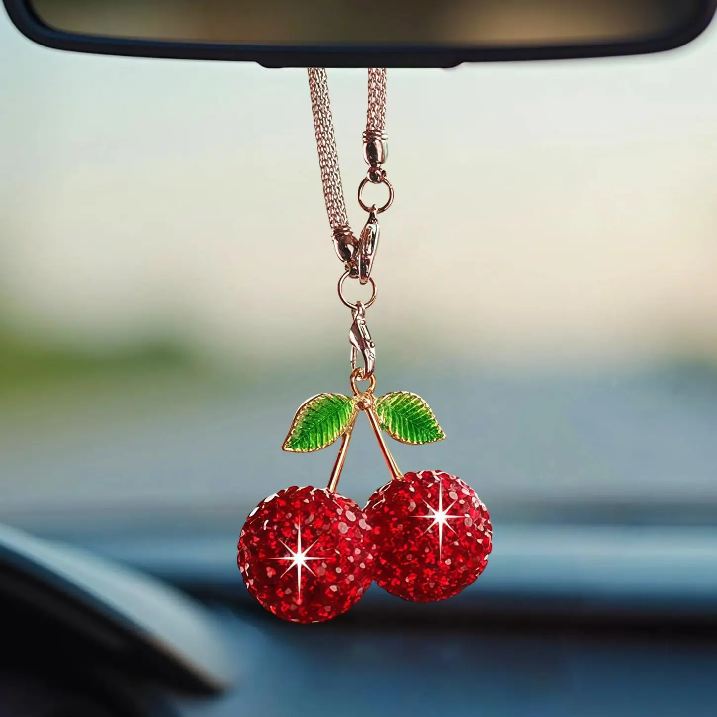 

Bling Cherry Car Hanging Ornament, Crystal Rear View Mirror Pendant with Sparkly Rhinestones, Lucky Car Interior Decor Accessory