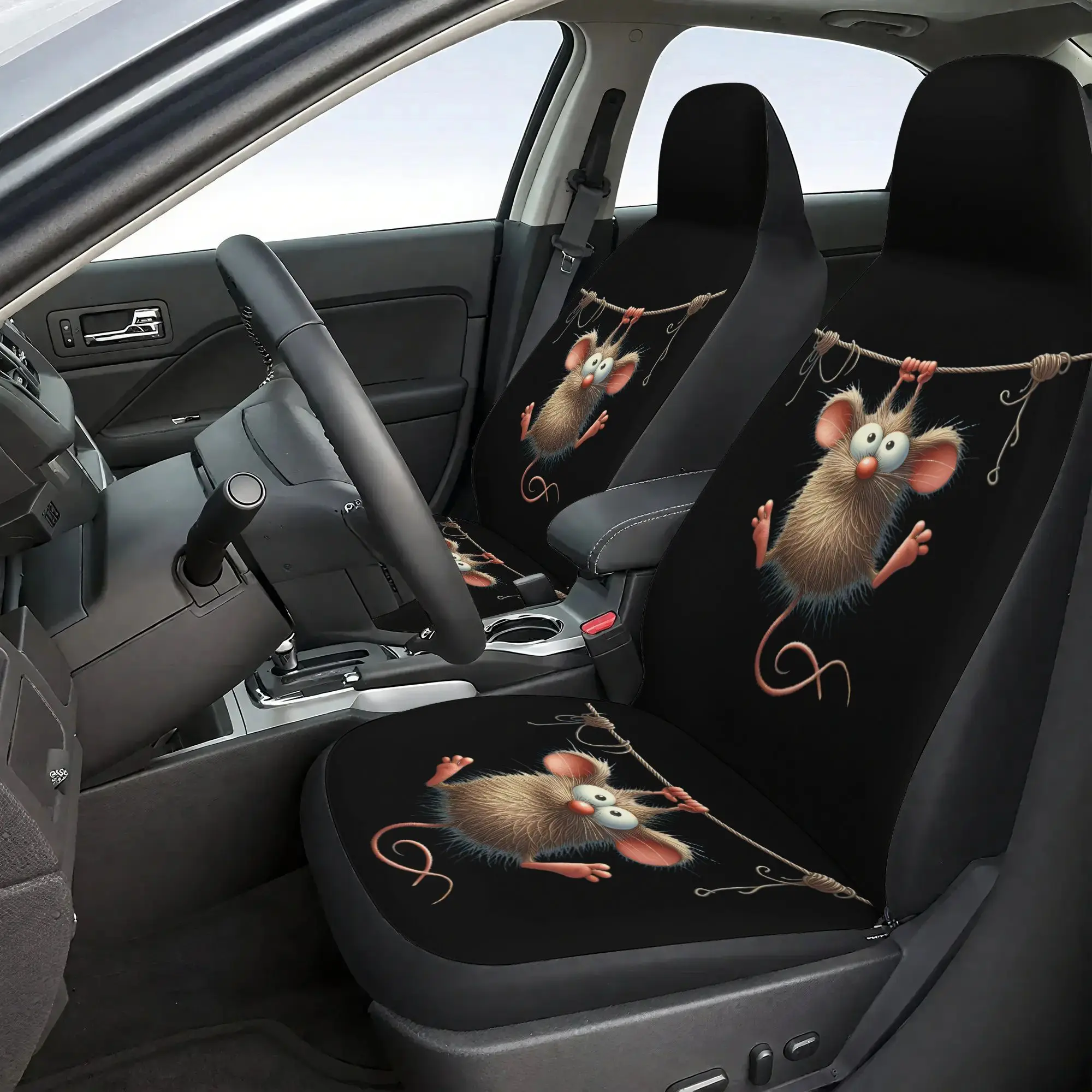 7pcs 2D Printed Lanyard Mouse Print Car Seat Covers Set, Includes 2 Front + 1 Rear Bottom Cushion + 1 Rear Backrest + 3 Headrest