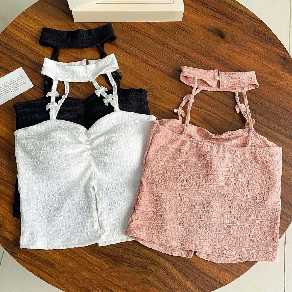 

Undershirt Sleeveless Bow Halter Camisole Sweet Hollow Slim Crop Top Irregular Spicy Girl Style Girl's Vest Top Girl