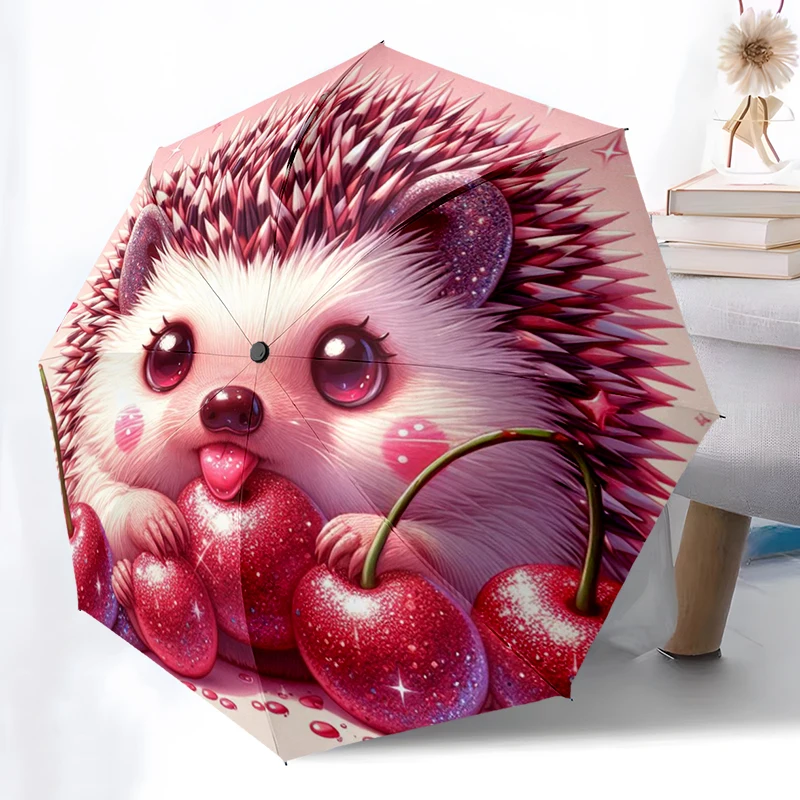 1PC Cute Cartoon Hedgehog Folding Umbrella Auto-Open Design 8 Iron Ribs Plastic Handle Foldable Sunshade Perfect Christmas Gifts