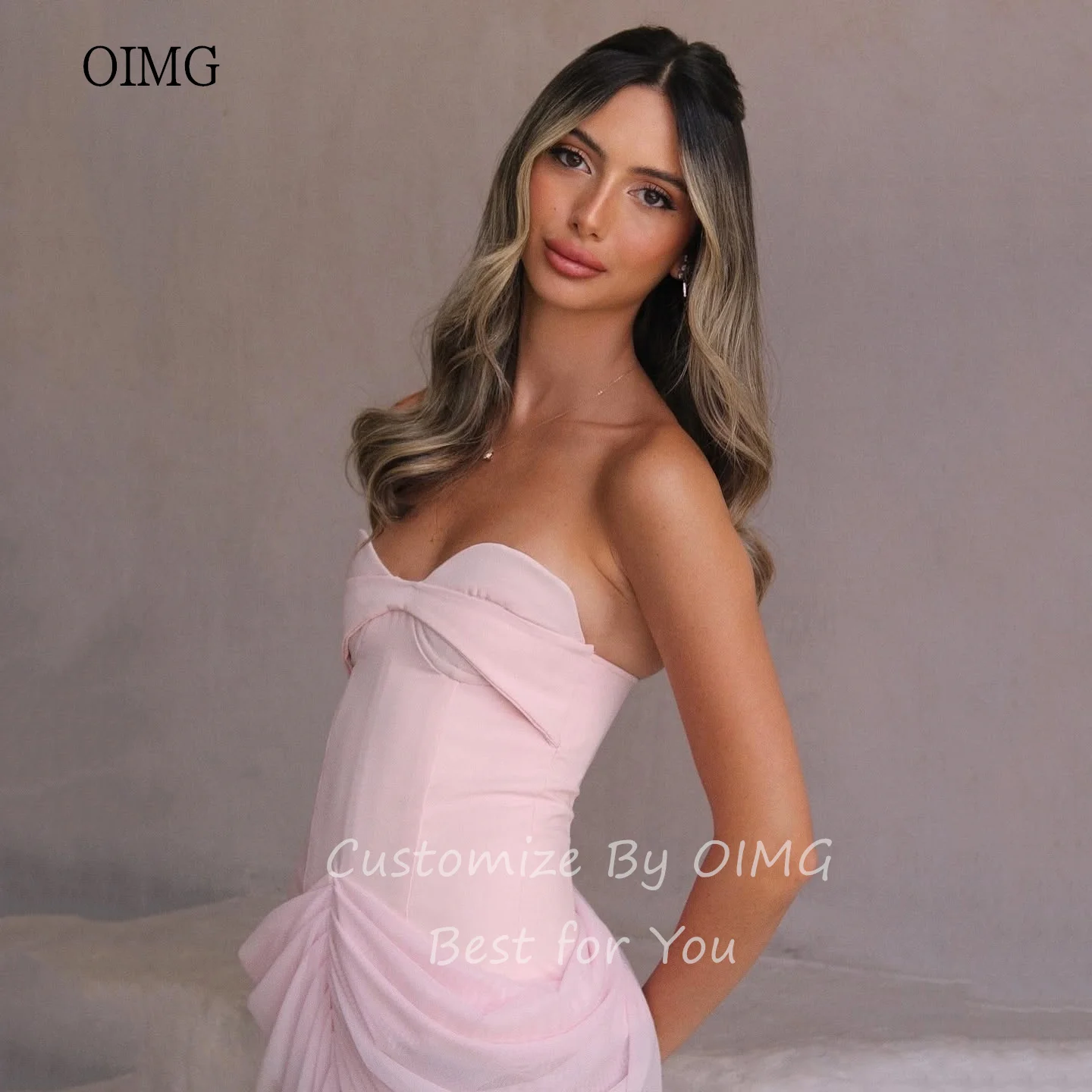 OIMG Sexy Pink Mermaid Prom Gowns Strapless Pleated Party Gown Floor Length Evening Dress vestidos de gala Customized image 5