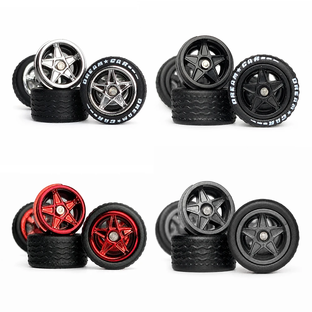 1/64 Scale Model Car Wheels Tires Set Rubber Tire Five Star Rim Replacement Parts for Model DIY Modification Accessories 10.8mm