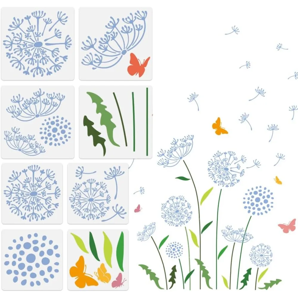 8 Stück, 8 Stile, Löwenzahn-PET-Schablonen zum Ausstechen und Malen für DIY-Scrapbook-Fotoalbum, Blumen, 250~300x250~300mm