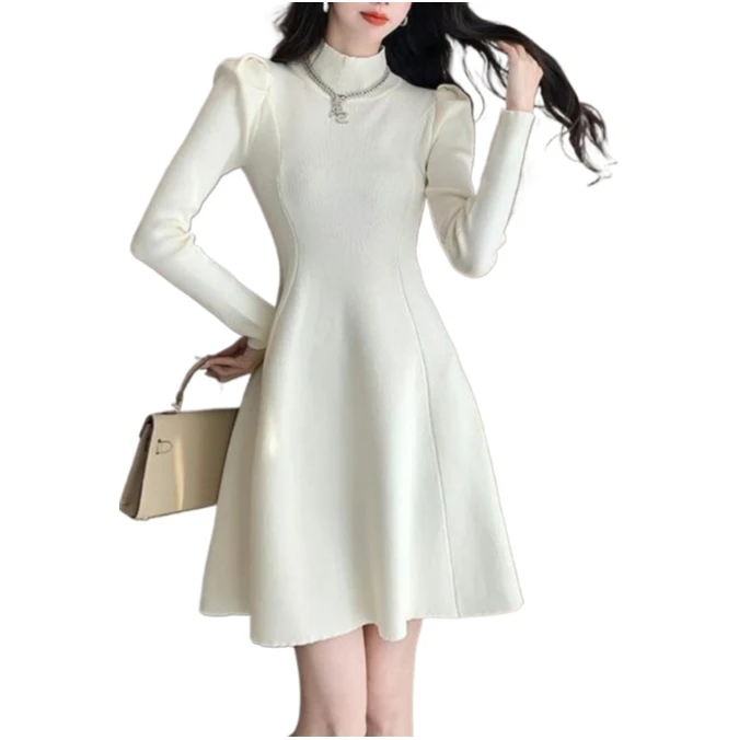 

Semi-turtleneck Bubble Sleeves Gentle Wind Temperament Knitted Dress Autumn Spring New Bottom A-word Sweater Skirt