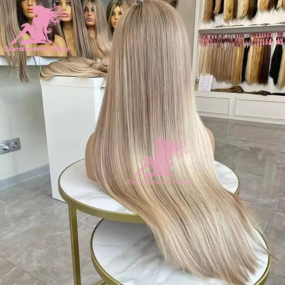 Ash Blonde Highlight 13x6 Lace Frontal Wigs Human Hair Colored Brazilian Human Hair Straight Ombre Wig Transparent Swiss Lace Fr