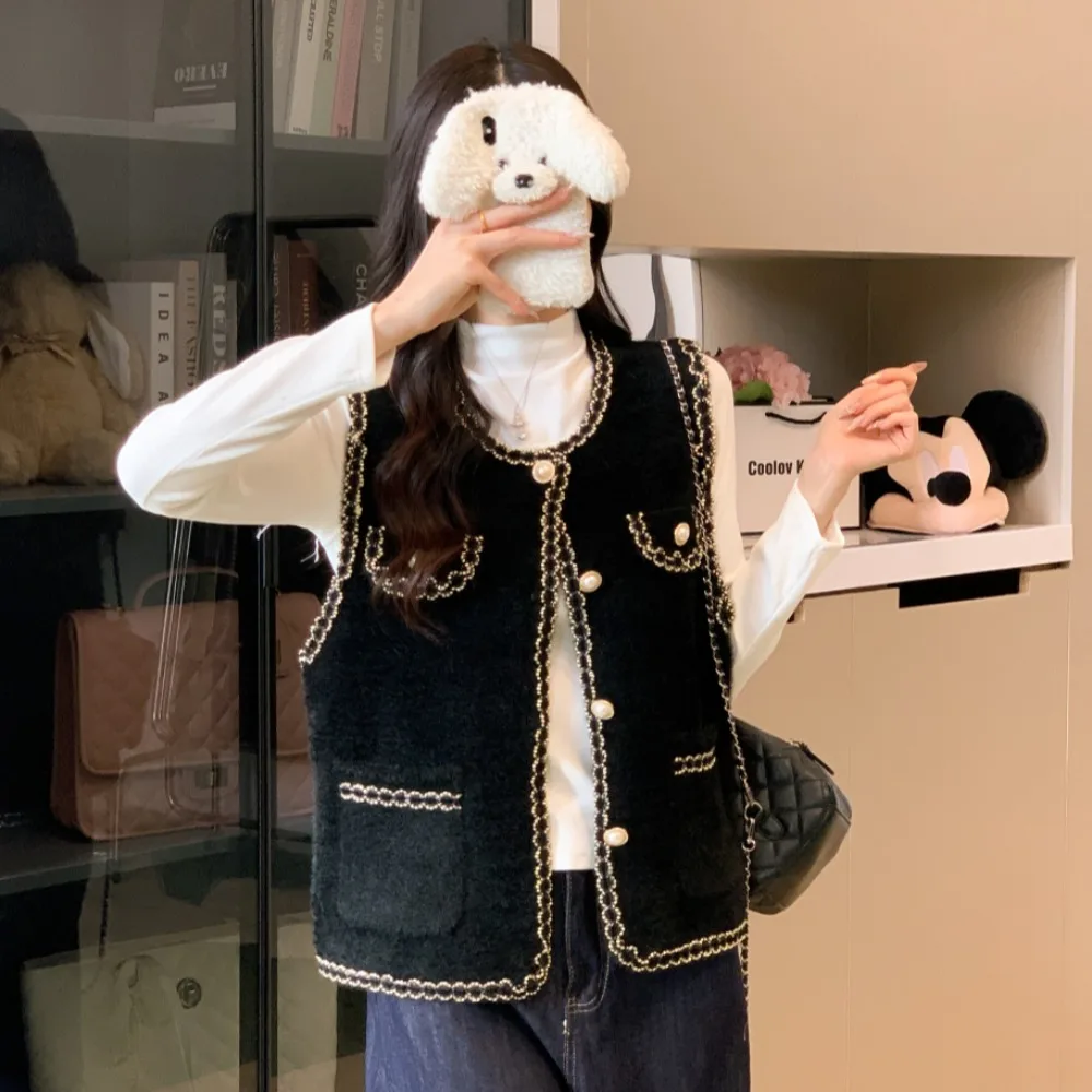 

Premium Quali Svel Faux Mink Vest Women's Outerwear Small Fraance Sle Knitted Top Autumn Winter New Arrival