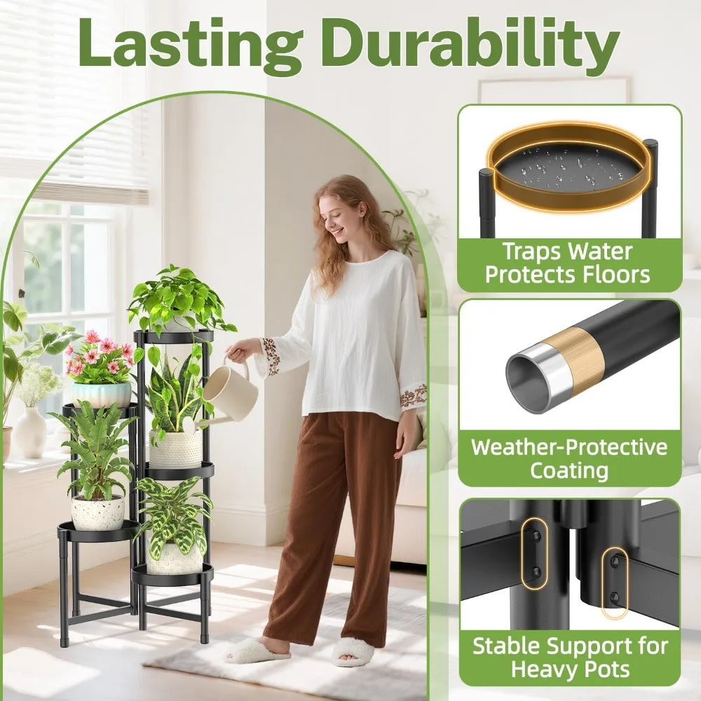 حامل نباتات معدني بزاوية 5 طبقات، رف عرض زهور داخلي وخارجي قابل للتعديل لغرفة المعيشة في الفناء والحديقة، أسود #5