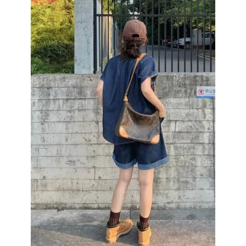 Hong Kong Style Retro Casual Denim Suit Women's Summer New Niche Loose and Thin Design Short-sleeved Shirt Shorts [Hot-selling ]
