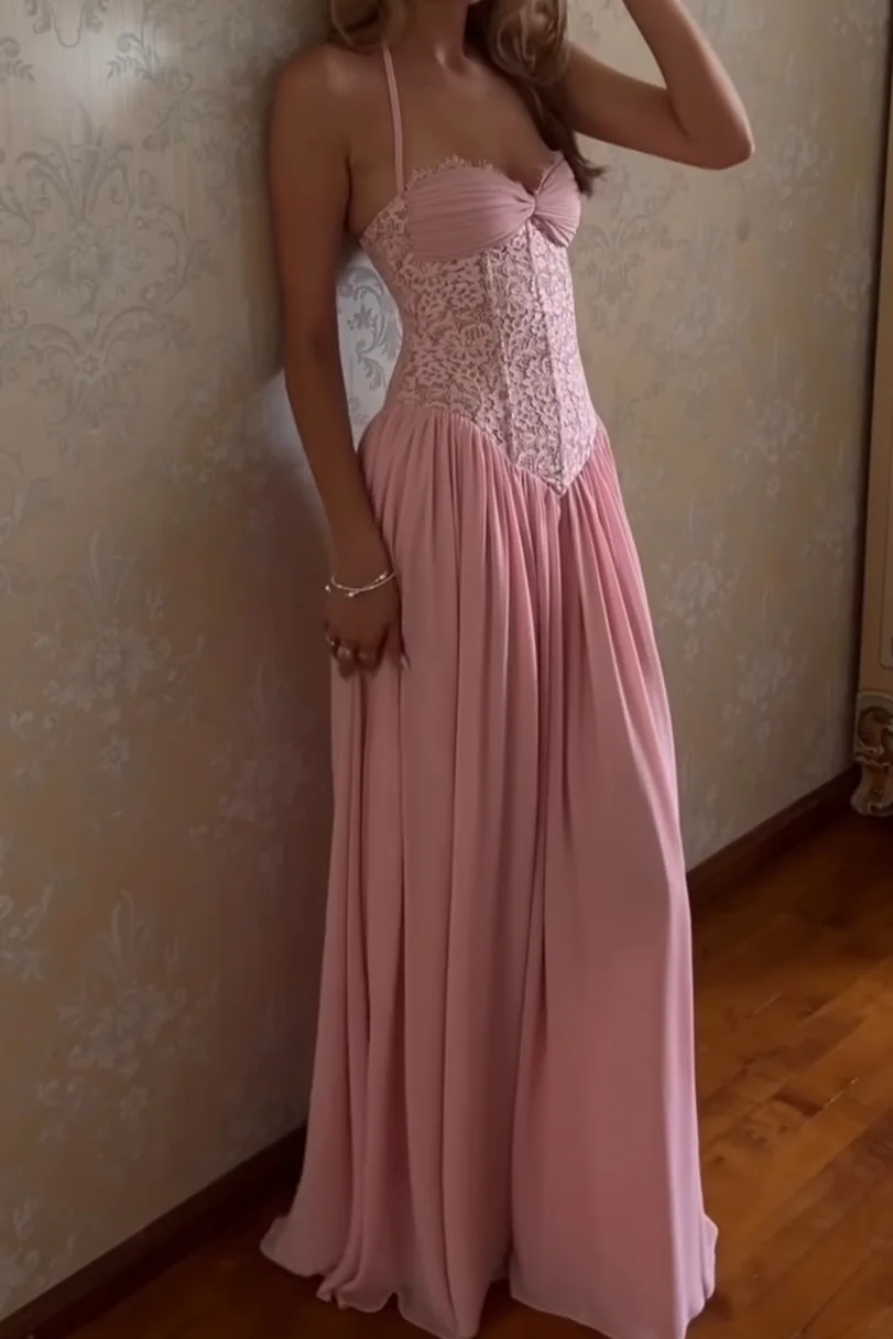 Elegant Lace Patchwork Corset Long Dress Women Halter Backless Bandage Slim Maxi Dress 2026 New Wedding Guest Evening Party Gown