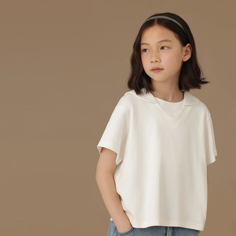 

Children's Clothing Girls Shirt Children's White Blouse Navy Collar Top Baby Summer Thin Casual Versatile Boys and Girls Short