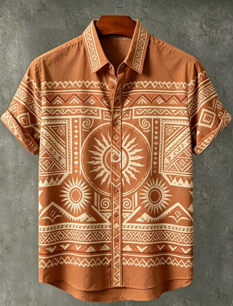 Men's tropical&geometric Themed Printed Short Sleeved Shirt Casual Cardigan top, With Unique Vacation Charm For Daily Wear