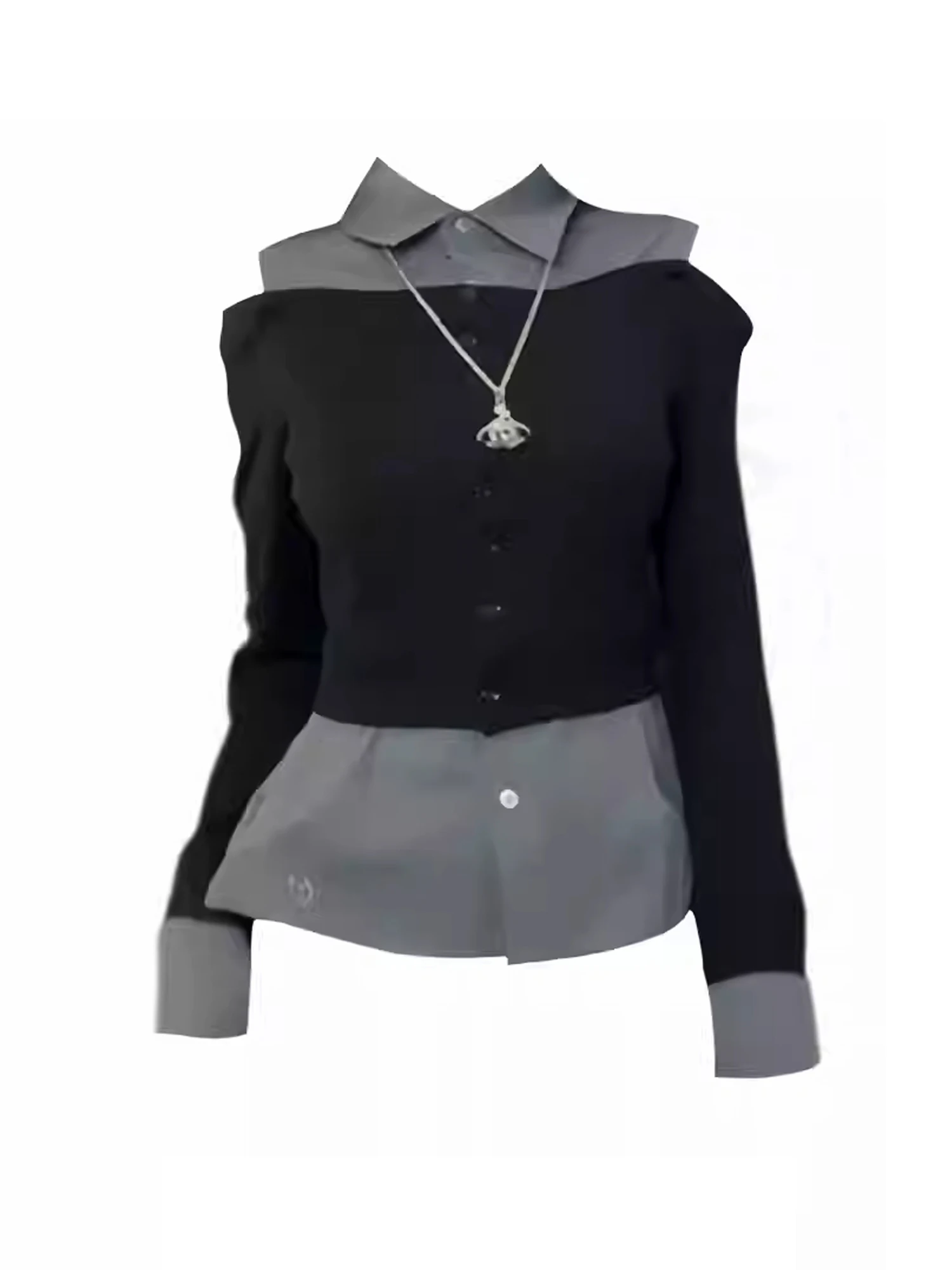 

Women Fake Two Pieces Patchwork Shirts and Blouses Y2k Aesthetic Vintage Elegant 2000s Long Sleeve Polo-Neck Shirt Clothes 2025