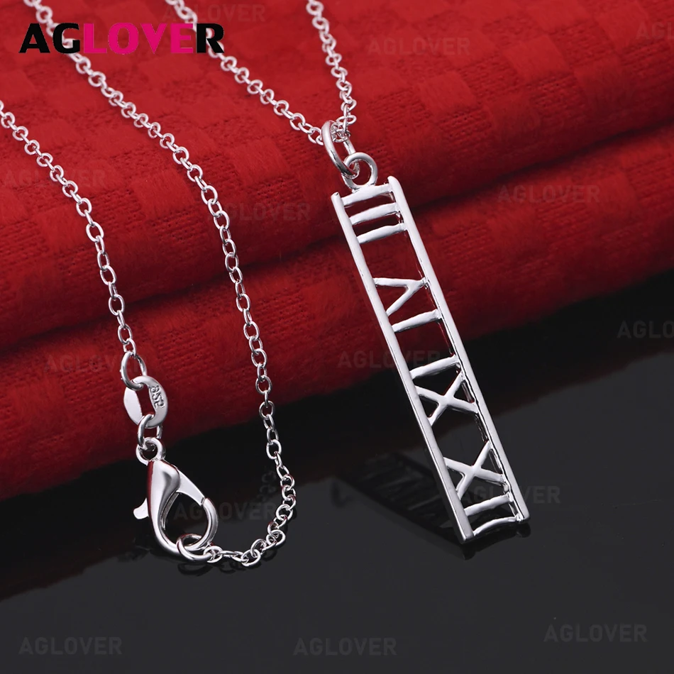 

AGLOVER 925 Sterling Silver Roman Numeral Long Square Pendant Necklace for Men and Women Retro Elegant Noble Party Jewelry