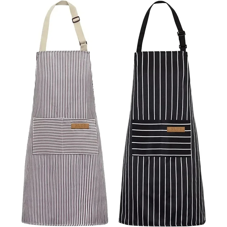 

White Black Striped Man Woman Home Restaurant Kitchen Baking Nail Bib Oil Repellent Work Apron 2 Pockets Adjustable Clean Apron