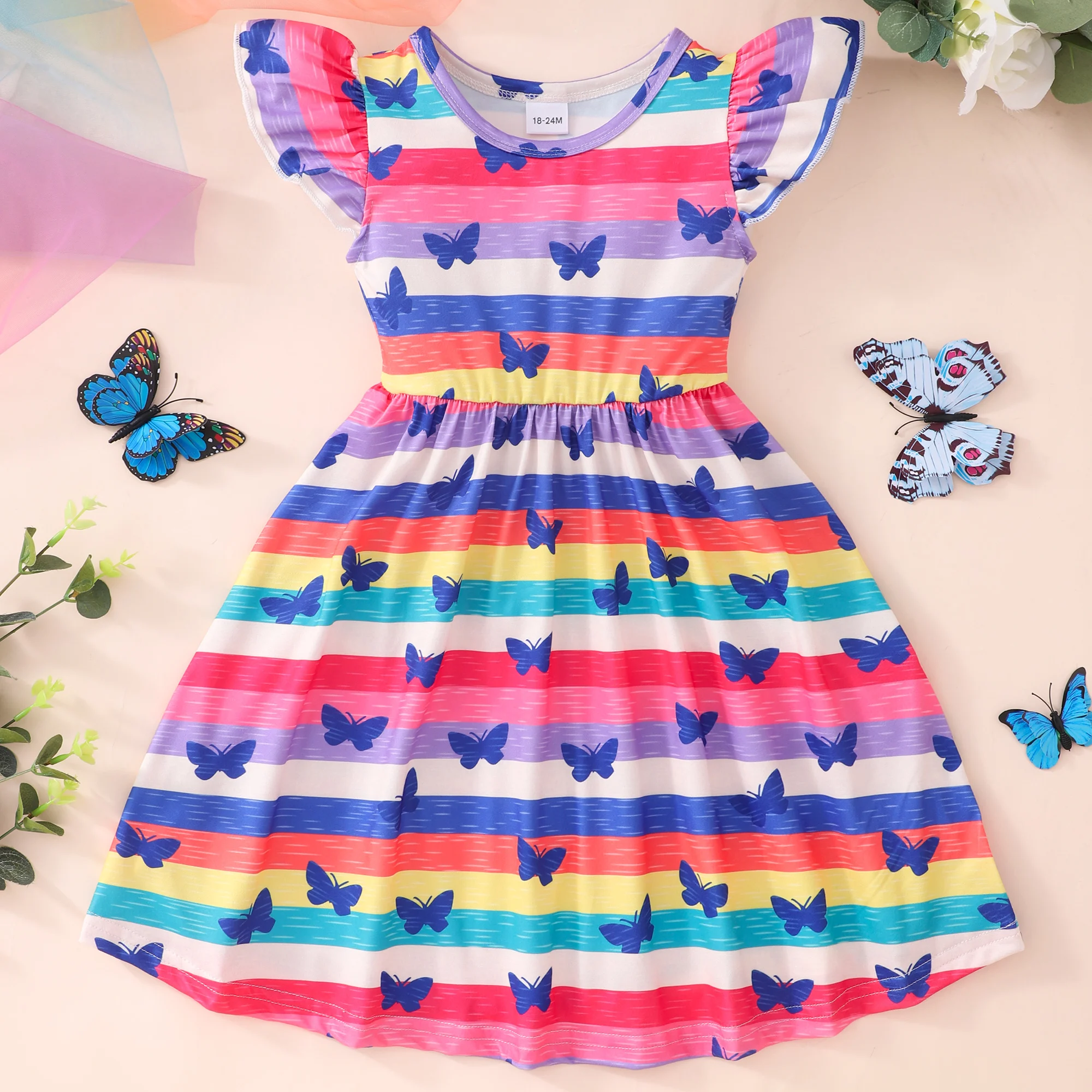 New Girls Dress Flying Sleeve Dress Baby Girls Kids Party Tutu Ruffle Rainbow Butterfly Dresses Cotton Newborn Costume for 2-9Y