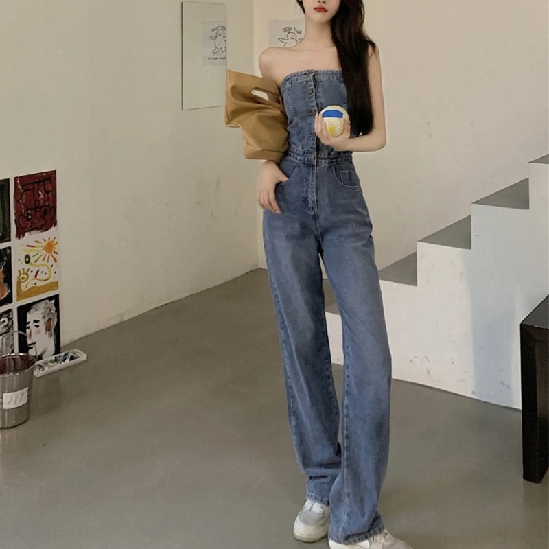 Seksowny kombinezon dżinsowy na ramiączkach damski, luźny, długie spodnie, wysoki stan, proste nogawki, cienka wersja, styl koreański, do pracy.