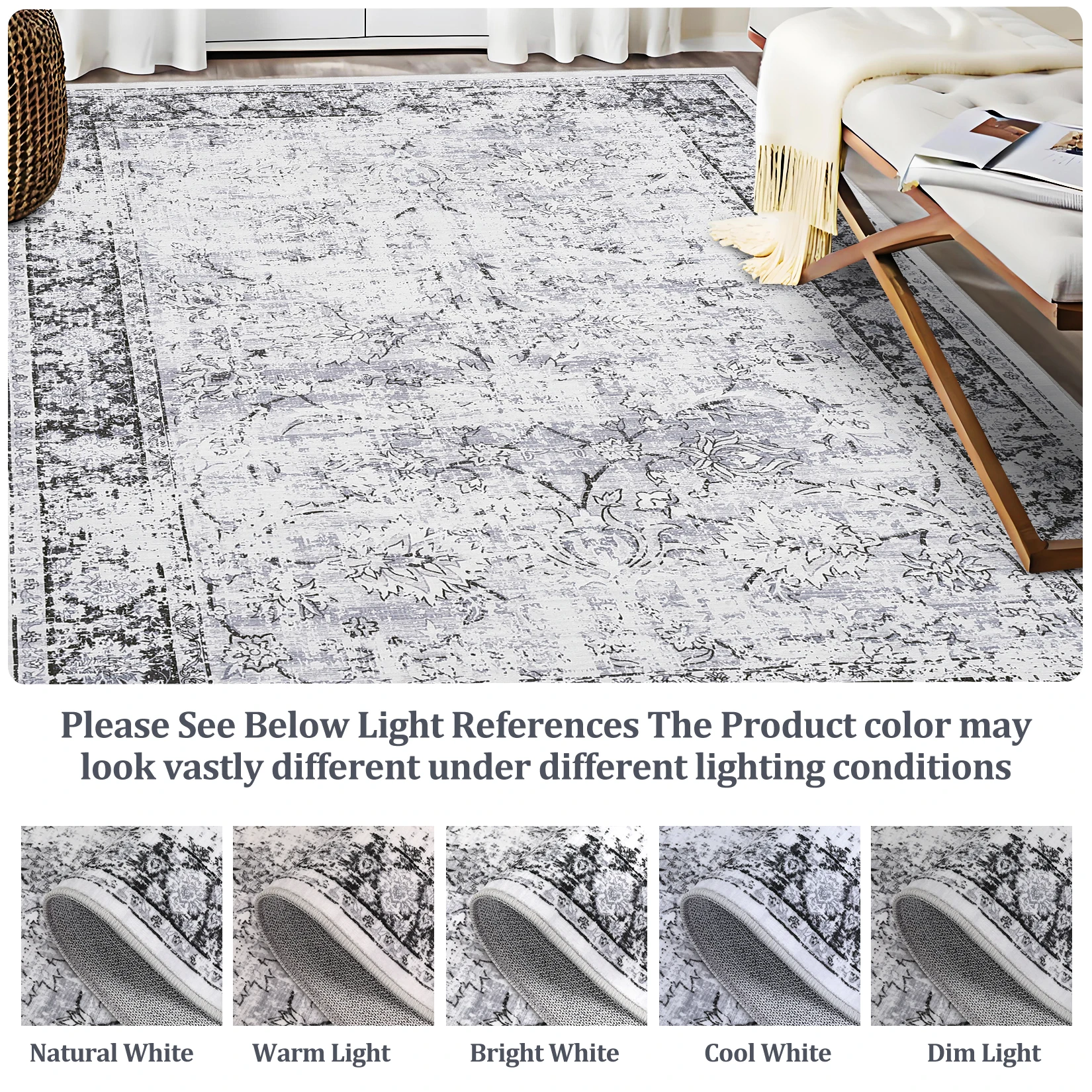 Washable Area Rug, Vintage Floral Non-Slip Low Pile Rug, Soft Pearl Velvet Foldable Indoor Carpet, Non-Shedding Distressed Farmhouse Accent Rug for Living Room, Bedroom, Dining Room and Nursery