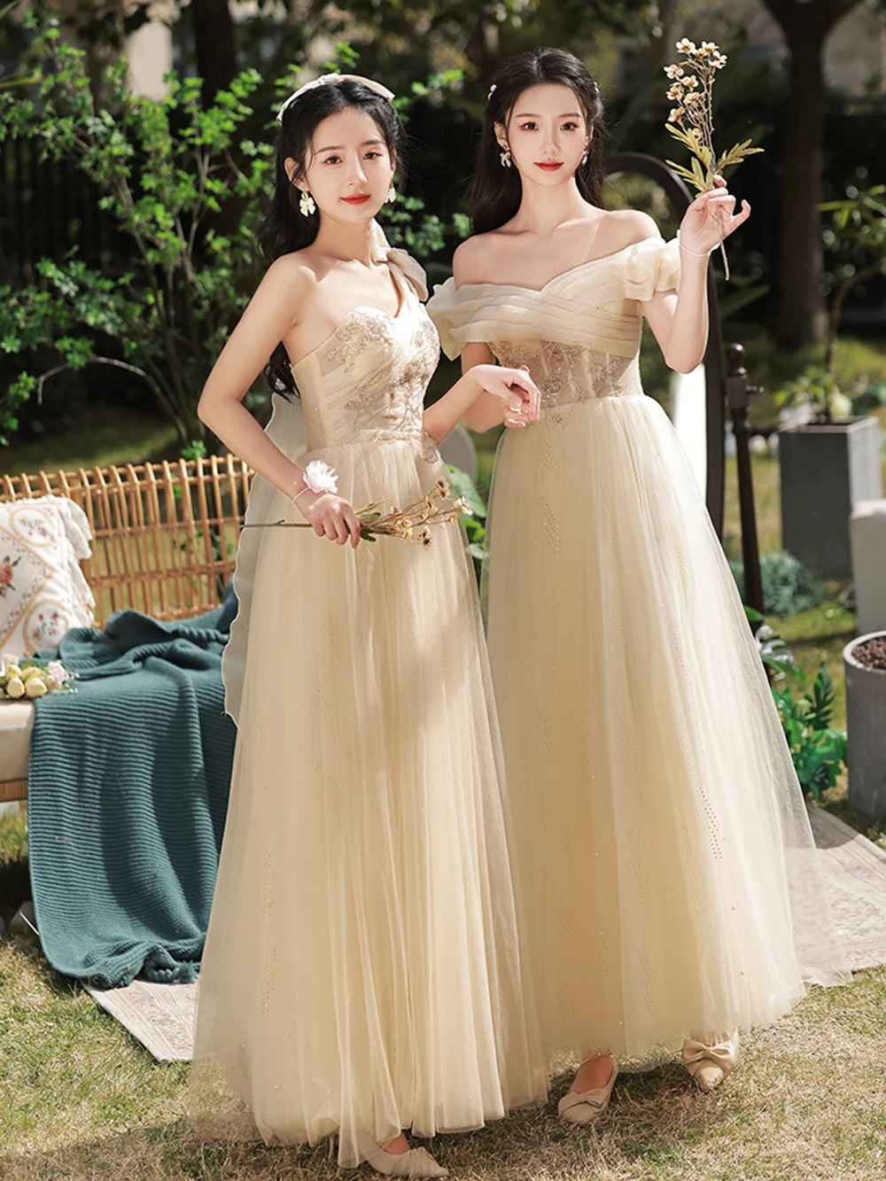 4 estilos champanhe vestido de dama de honra feminino 2024 novo plissado fora do ombro colarinho vestido de noite lantejoulas tule a linha festa vestido