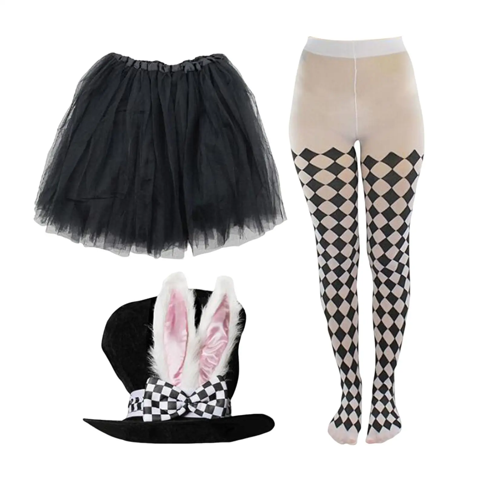 Novedad, conjunto de medias y falda de Pascua, sombrero de copa, disfraces con Orejas de conejo, tocado con lazo a cuadros para fiesta, vacaciones, Cosplay, cumpleaños