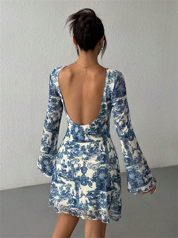 Ladies 2026 Autumn Date Night Mini Dress Floral Pint Long Sleeve Backless  Dresses Women Weekend Outing Knit & Stretchy Outfits