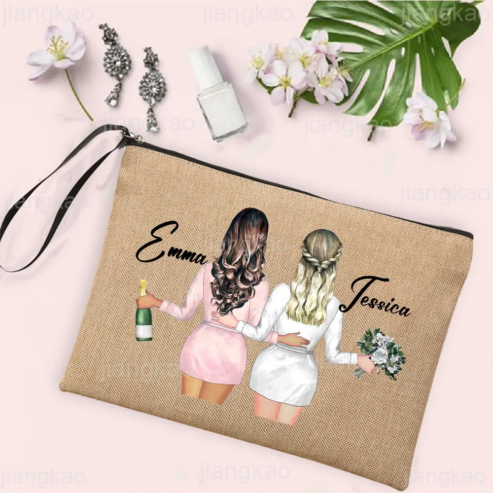 Personalized Custom Name Makeup Bags Bachelorette Party Neceser Cosmetic Bag Linen Zipper Bag Toiletry Organizer Bridesmaid Gift