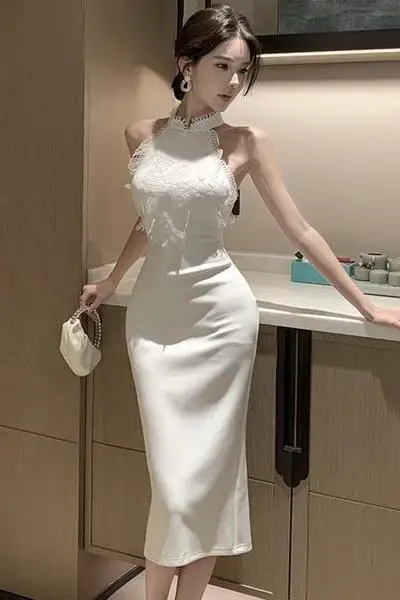 

Women's New Arrival Luxury Elegant Halter Neck Lace Floral Slim Fit Mermaid Dress Sexy Sleeveless Bodycon Evening Party Dress