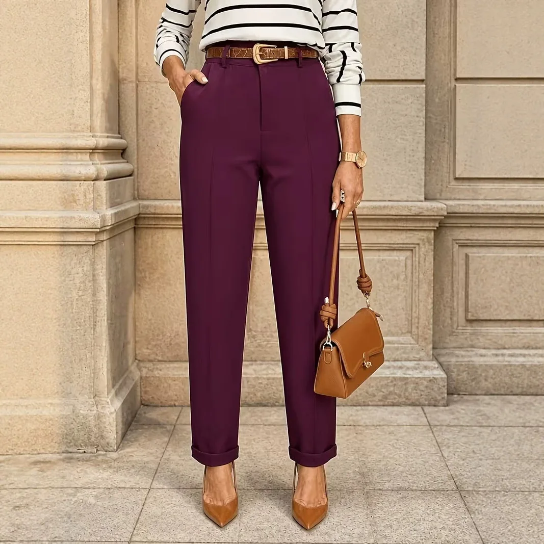 Women High Waist Straight Suit Pants Elegant Office Work Trousers Cuffed Ankle Slim Business Casual Pants with Pockets