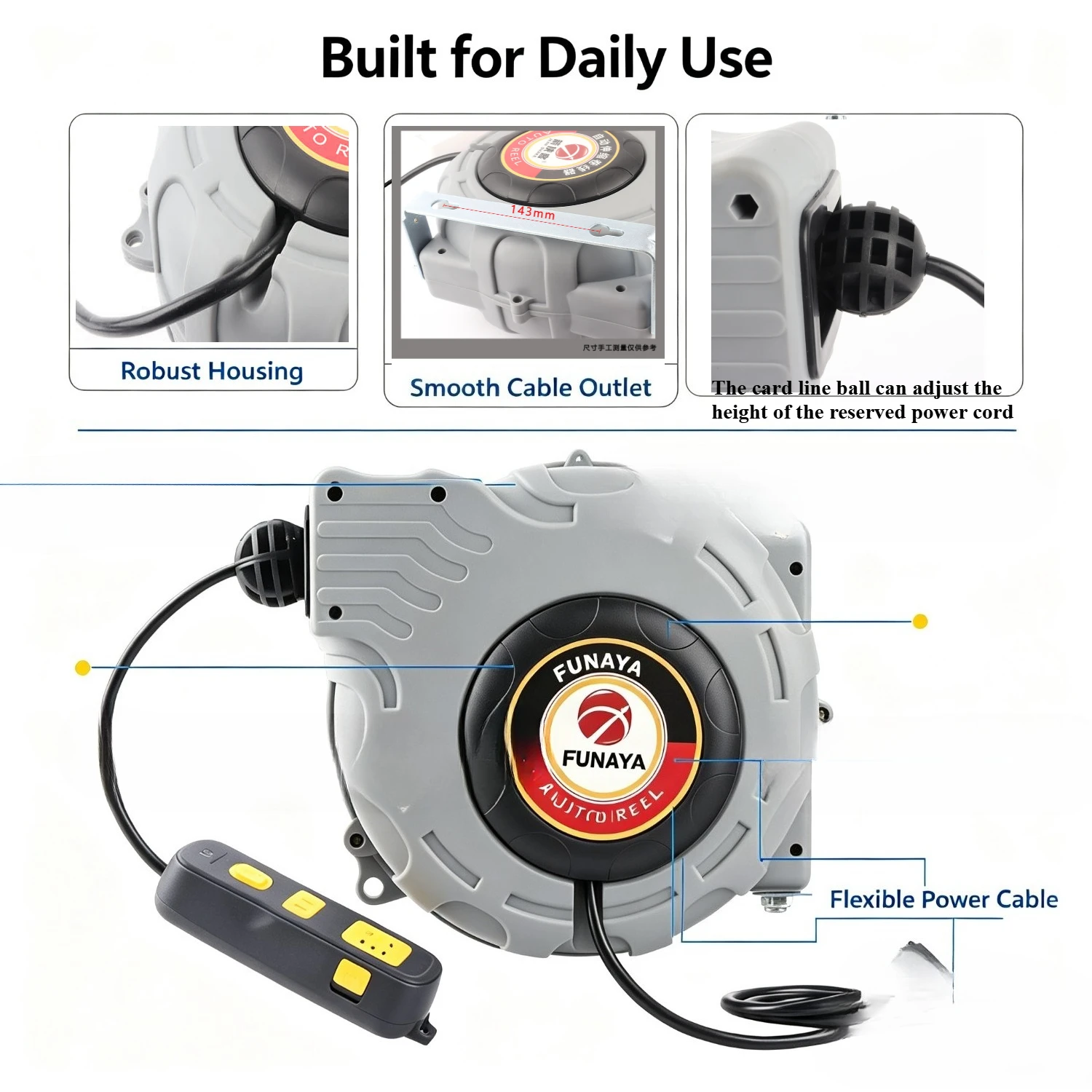 FUNAYA 15M Wall Mount Retractable Cable Reel 15A EU US UK AU Plug Automatic Rewind Waterproof Power for Garage Workshop Outdoor