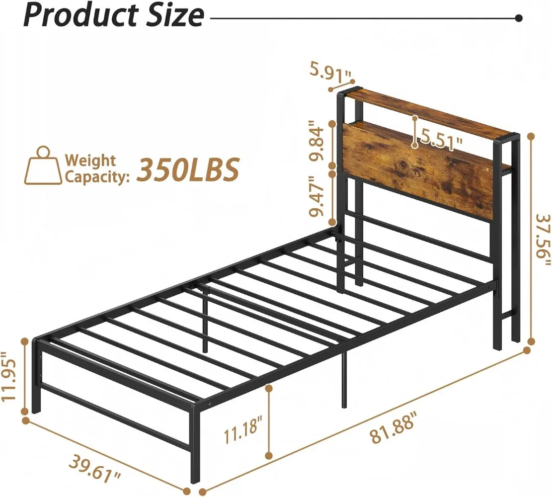 Weehom Twin Bed Frames for Kids, Twin Size Bed with 2 Tiers Wood Shelves Headboard Under Bed Storage Space No Box Spring