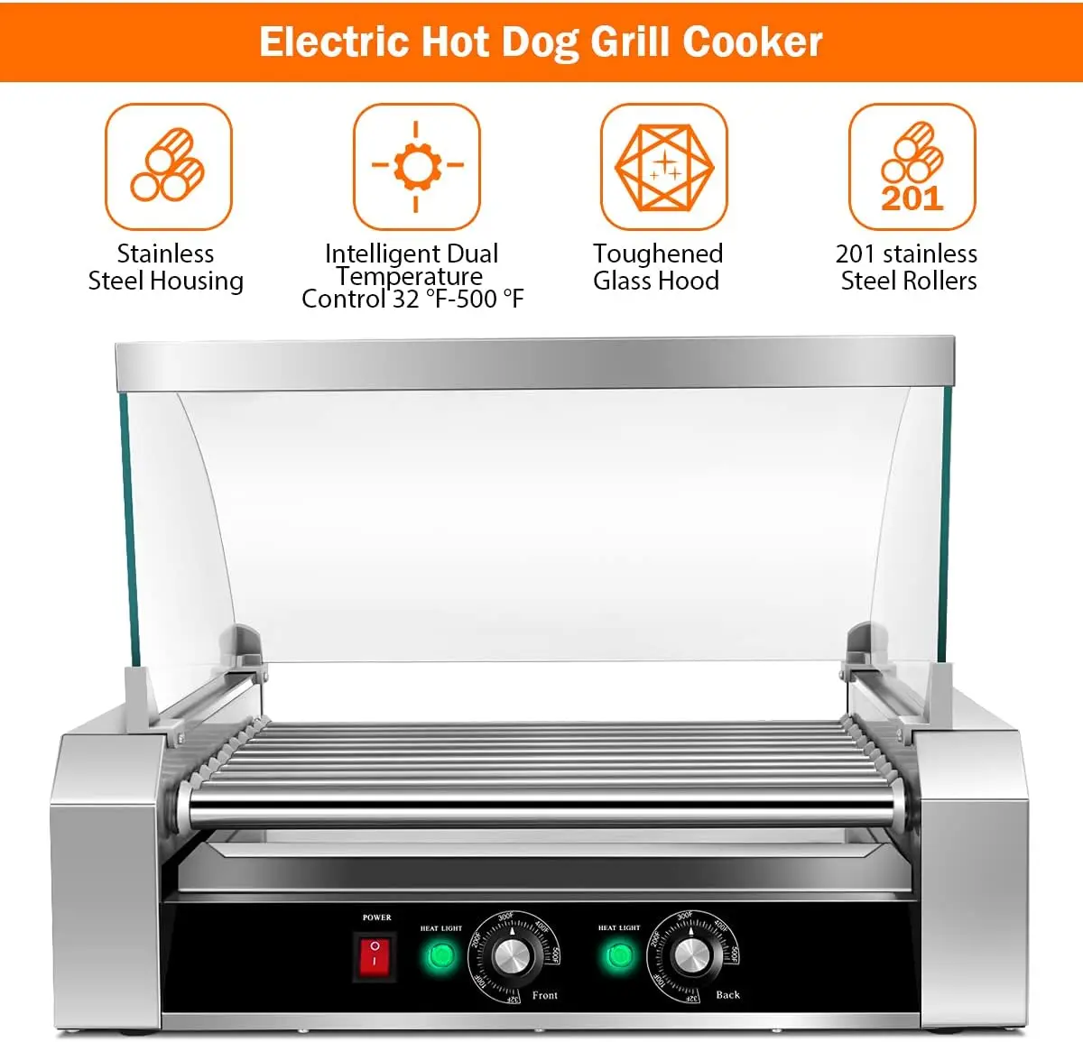 11 Non-Stick Rollers 30 Sausage Grill Cooker with Removable Stainless Steel Drip Tray and Glass Hood Cover, Commercial Household