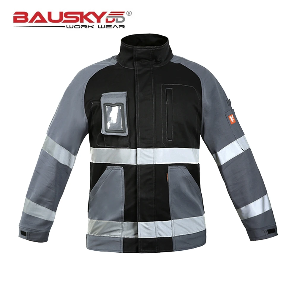 

100% Cotton Work Jacket Reflective Black Multi Pockets Electrician Clothes for Man High Visibility Workwear Construction Jacket