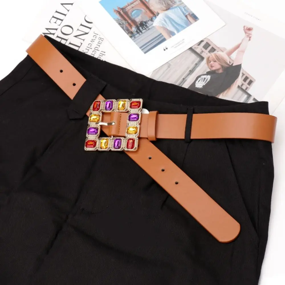 

Модный ремень Y2k со стразами, квадратная пряжка, женский пояс в корейском стиле, цветной женский ремень из искусственной кожи