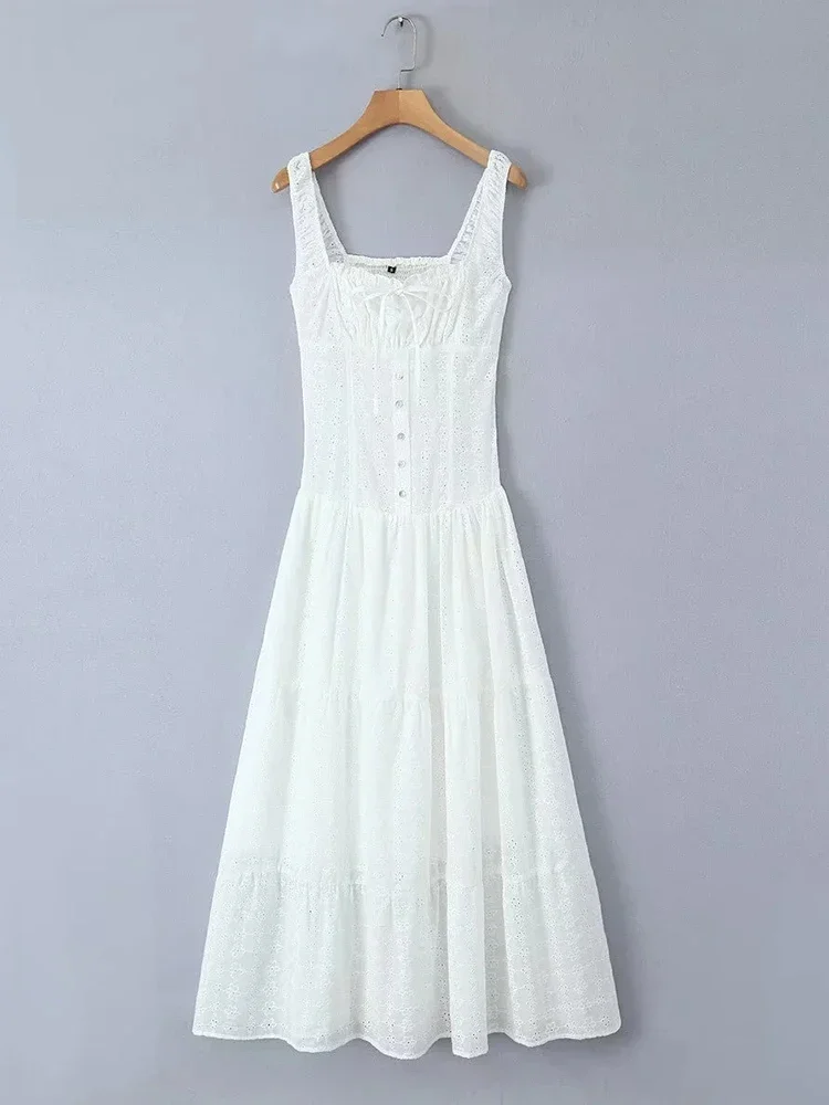 Foridol Flower Hollow Out White Dress Women Sleeveless Summer Tank Cotton Maxi Vestidos Sundress Beach Casual Long Dress 2024