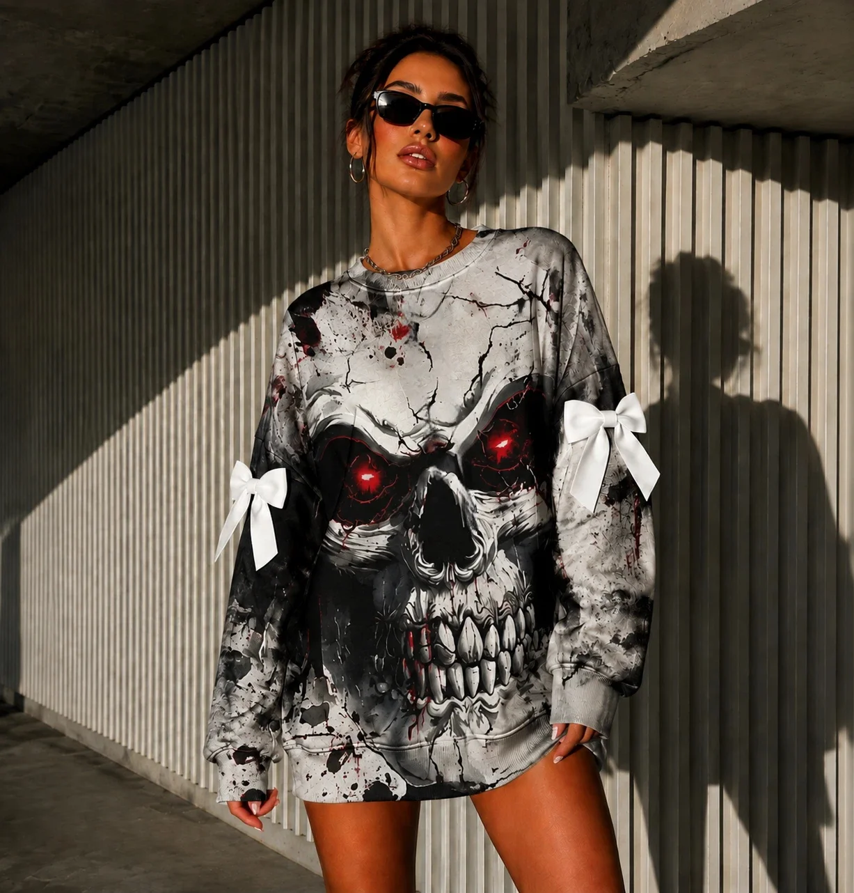 Women Y2K Gothic Sweatshirt Spider Web Print Crew Neck Sweatshirt Bow Long Sleeve Loose Casual Pullover Tops For Autumn Winter