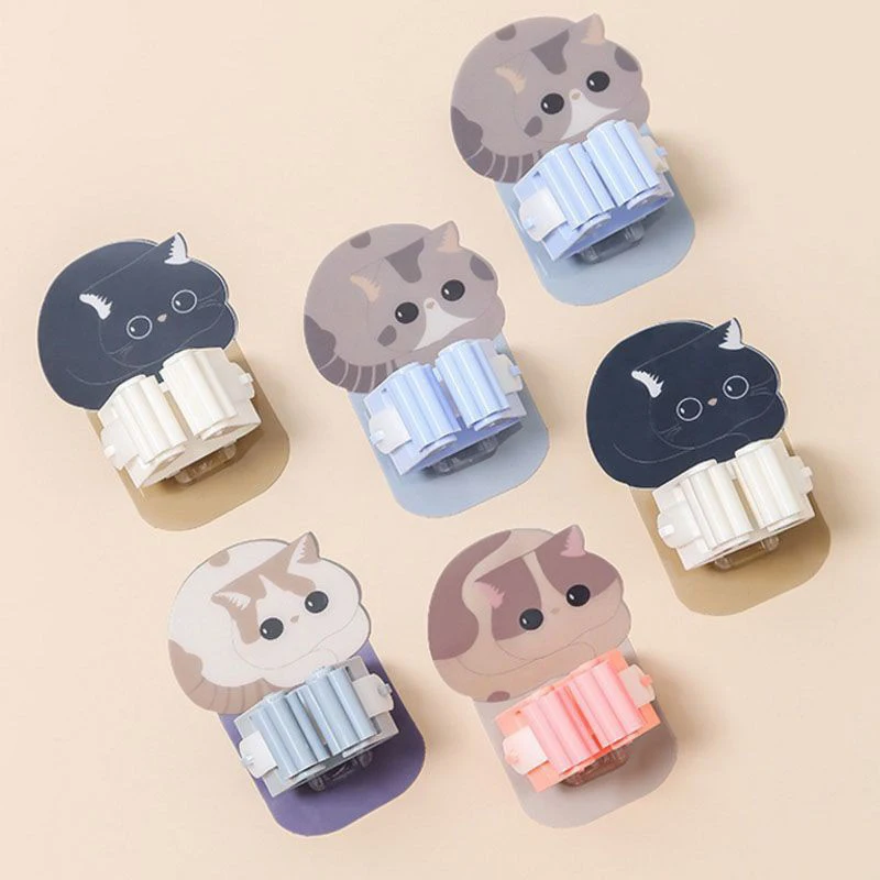 4Pcs Wall Mounted Mop Hook Cartoon Cat Multi-Purpose Holder Household Broom Handbag Umbrella Strong Rack Bathroom Tools Hanger