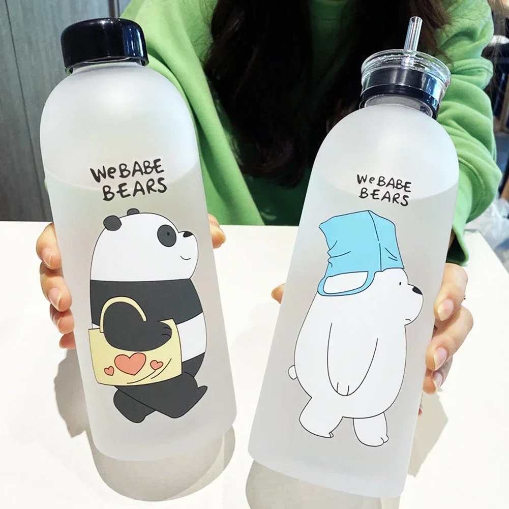 1000ml Water Bottles Cute Panda Bear Cup with Straw Transparent Cartoon Kawaii Water Bottle Drinkware Frosted Cup Protein Shaker