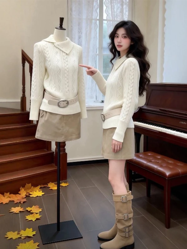 Chic Knitted Sweater And Skirt Set for Women Gentle Sle Turn-down Collar Slimming High Waist ort Skirt Two-piece Ens...