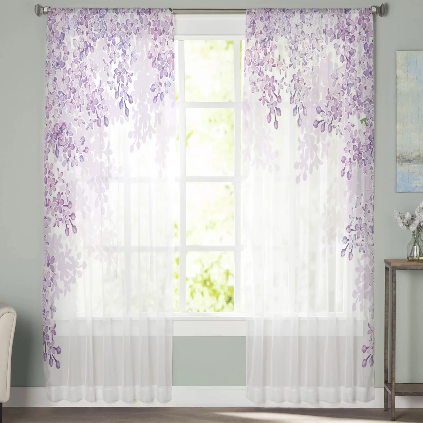 Purple Flower White Tulle Window Curtain for Living Room Modern Sheer Curtain for Bedroom Kitchen Drapes Custom