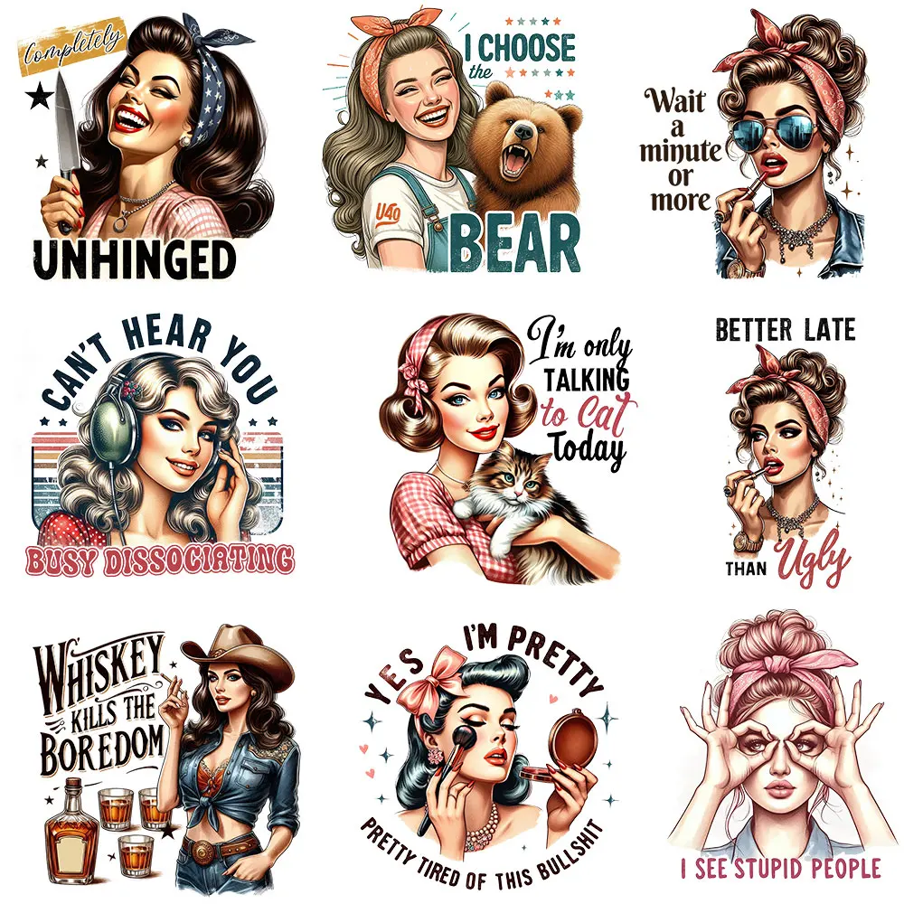 Funny Retro Girls Patches Heat Transfer T-Shirt Hoodies Arts Crafts Ironing Diy Clothing Designs Stickers Happy Ladies Quotes