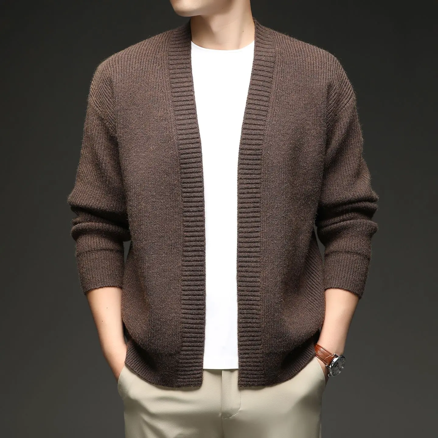 

Мужской вязаный открытый кардиган Thiened, повседневный теплый свитер, верхняя одежда из полиэфирного волокна, длинный све, круглый, антипилли...