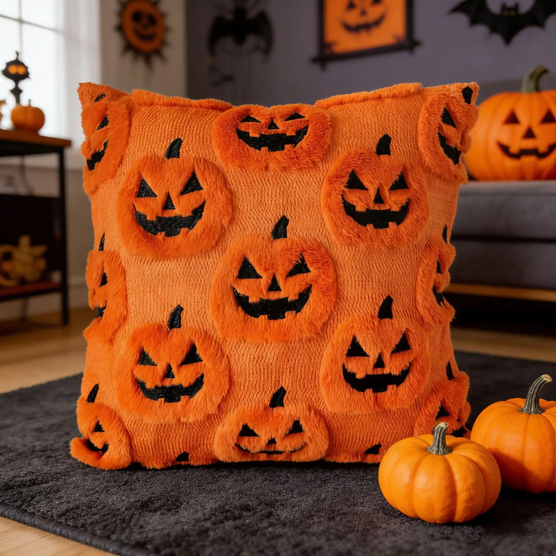 Halloween 3D Embroidered Cushion Cover Ghost & Bat Throw Pillow Cover Decorative Pillowcase for Sofa Couch Bed Home Party Decor