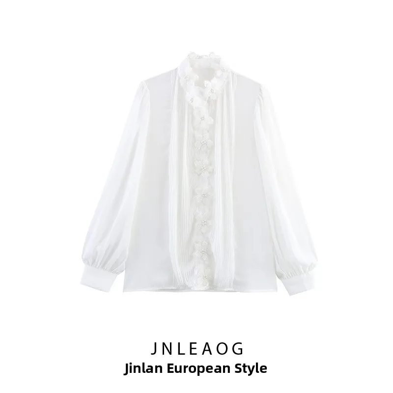 قميص نسائي عصري بتصميم ربيعي جديد من JNLEAOG، ياقة صغيرة قائمة، أكمام طويلة، زخرفة زهور، تطريز ثلاثي الأبعاد، نمط فرنسي، قصة ...