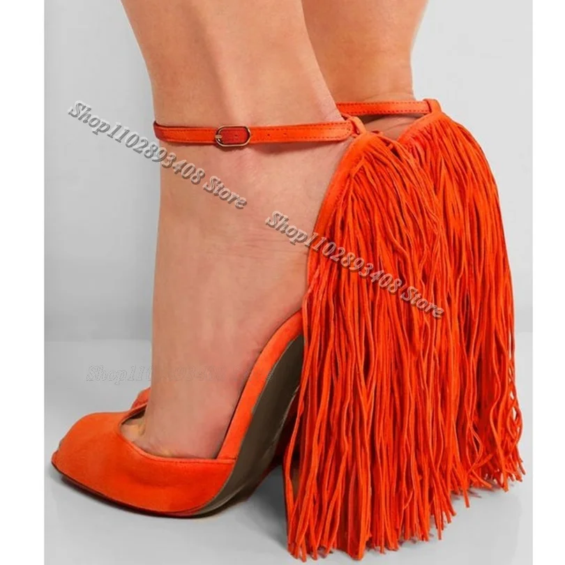 

Orange Tassel Style Flock Sandals Stiletto Cover Heels Solid Peep Toe Stylish Summer Party Dance Shoes 2024 Zapatos Para Mujere