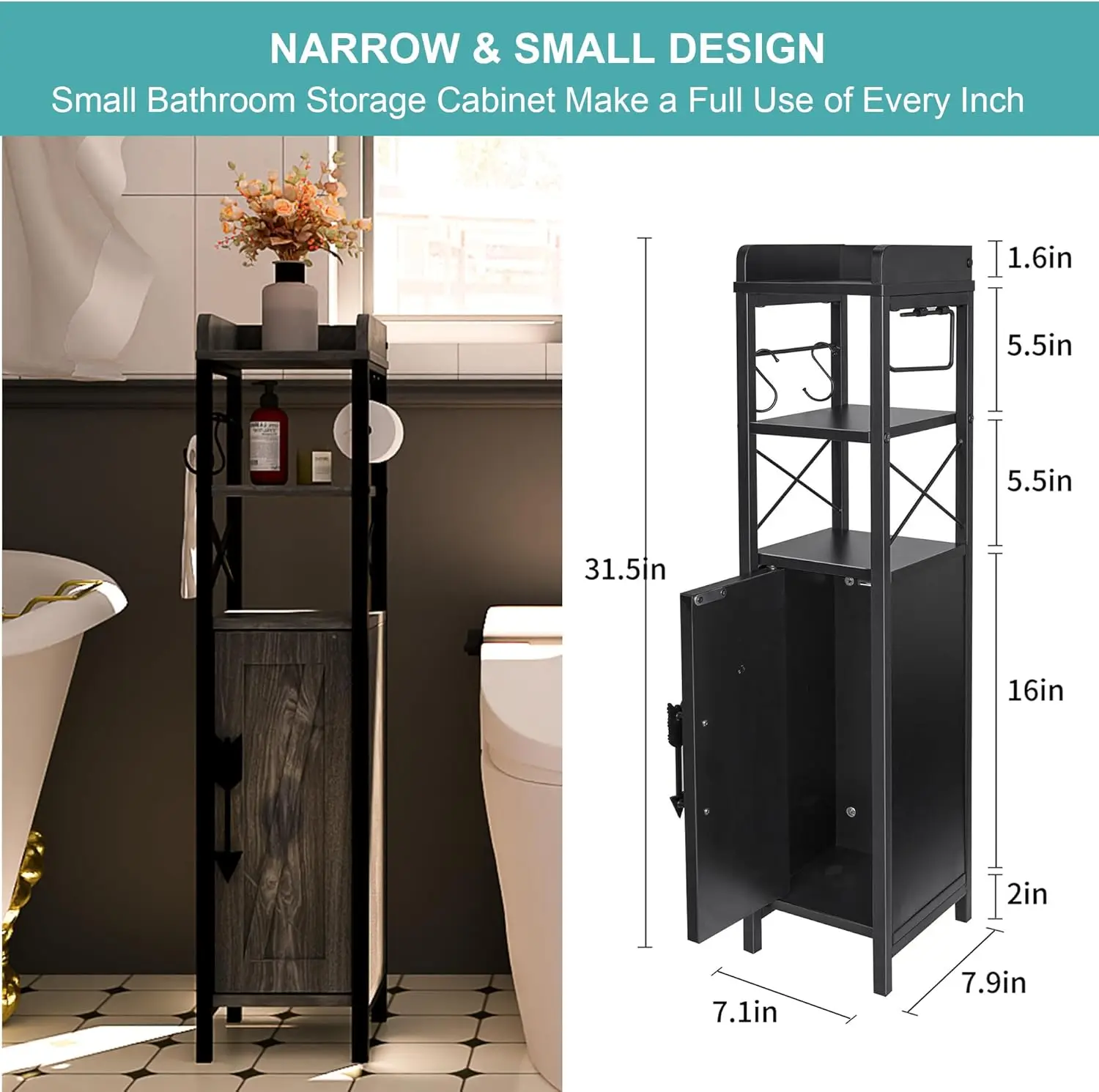 

Vecelo Small Bathroom Cabinet,Slim Toilet Paper Holder With Door&Metal Scroll, Upgraded Narrow Storage Organizer For Restroom