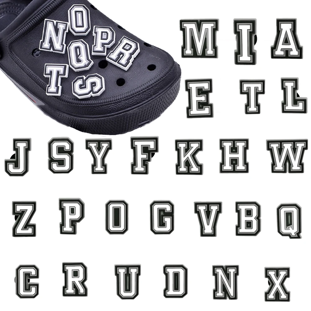 Hot Sales 26pcs Black and White Letter Series PVC Shoe Accessories DIY Detachable Waterproof Creativity Fashion Party Gifts